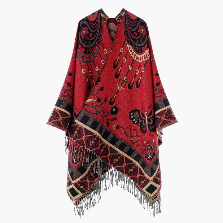 Women's Jacquard-Woven Fringe Poncho in Tapestry Look Mune Fashion