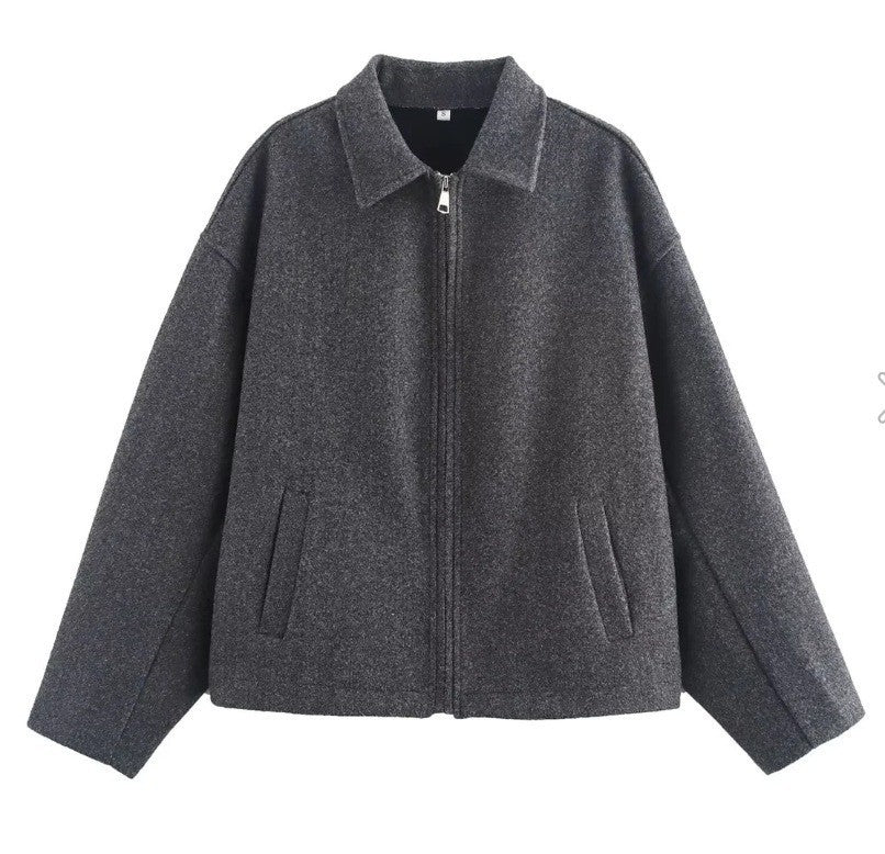 Women's short stylish wool blend bomber with shirt collar and hidden zipper Mune Fashion