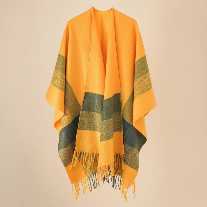 Women's Wool Blend Poncho with Check Pattern and Fringing Mune Fashion