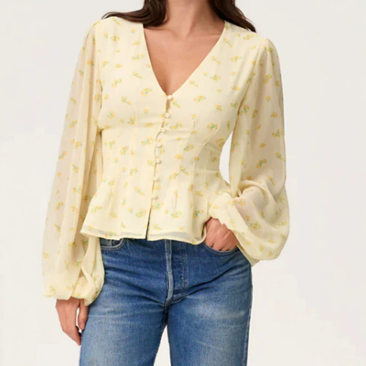 Women's jacquard lace blouse with fitted peplum and balloon sleeves Mune Fashion