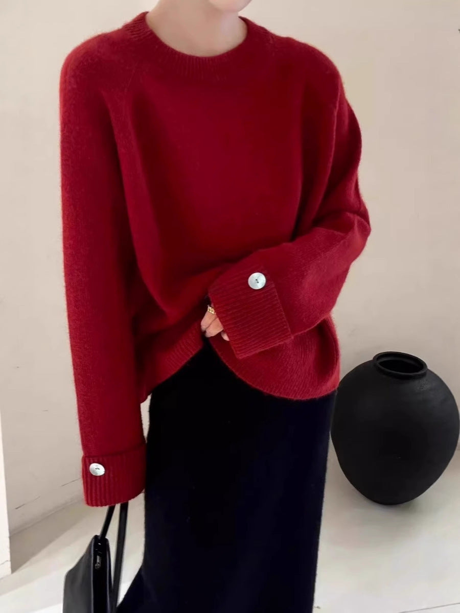 Women's Oversize Crew Neck Sweater with Extended Cuffs and Decorative Button Mune Fashion