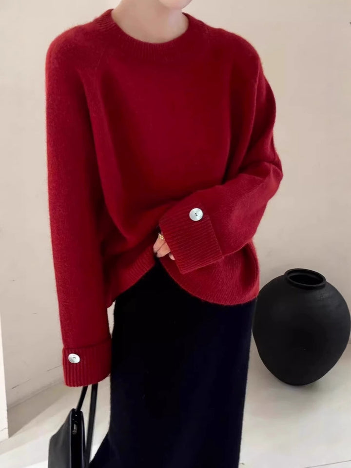 Women's Oversize Crew Neck Sweater with Extended Cuffs and Decorative Button Mune Fashion