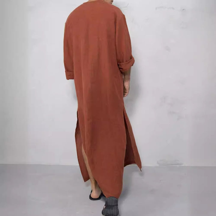 Men's wide long tunic-kaftan made of breathable linen with stand-up collar, button placket, and patch pockets Mune Fashion
