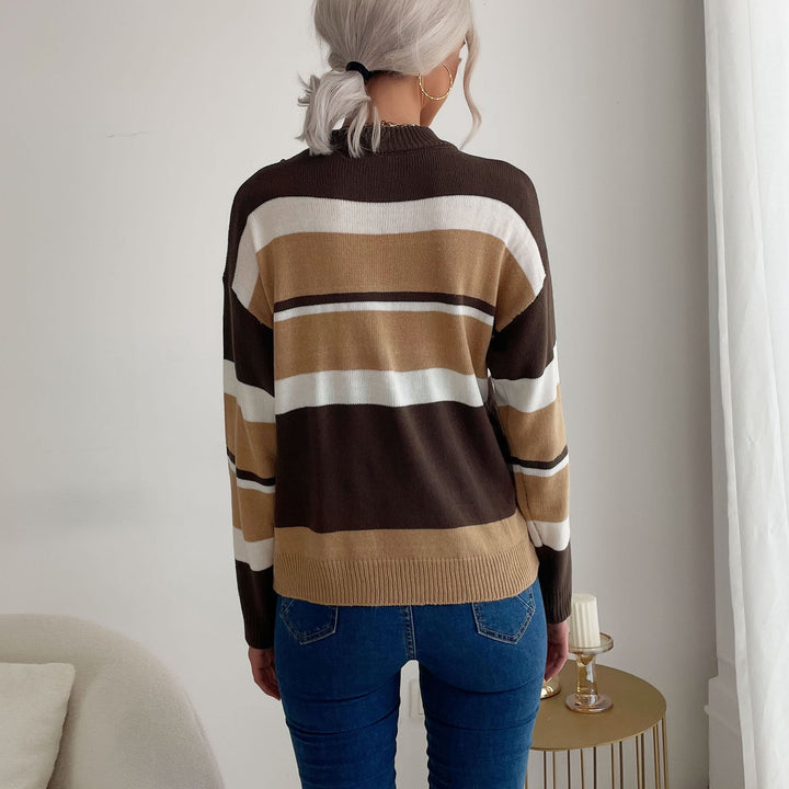 Women's Striped Fine Knit Sweater with Stand-Up Collar Mune Fashion