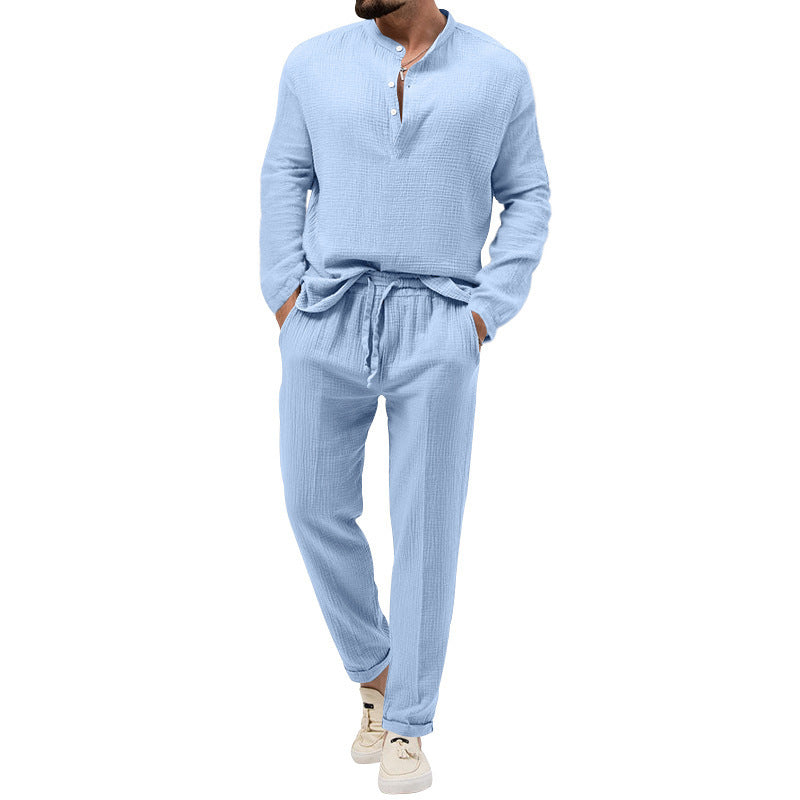 Men's Casual Two-Piece Lounge Set made of Cotton Gauze with Henley Top and Drawstring Pants Mune Fashion