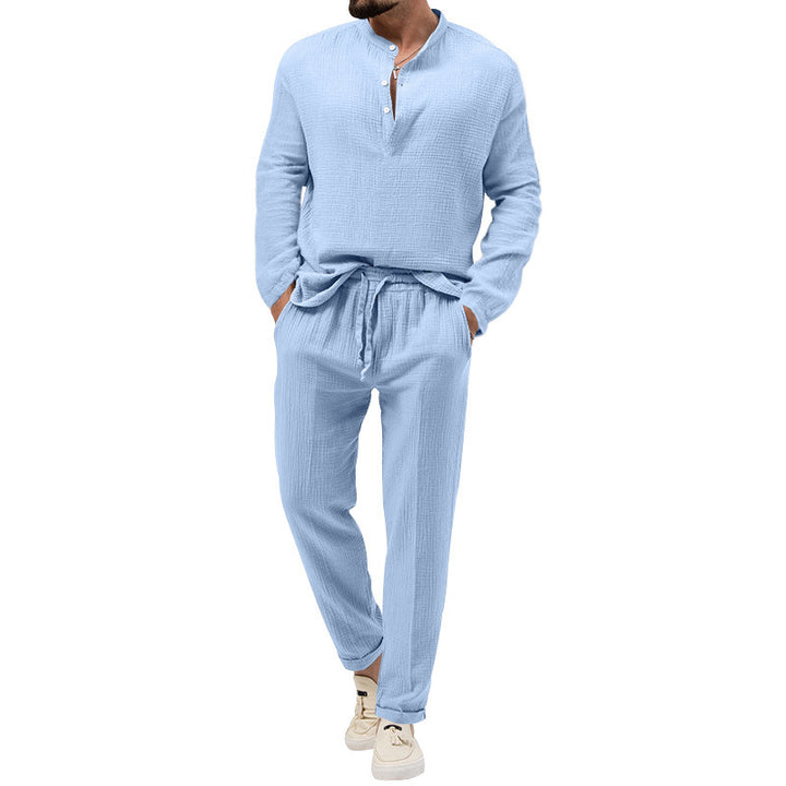 Men's Casual Two-Piece Lounge Set made of Cotton Gauze with Henley Top and Drawstring Pants Mune Fashion