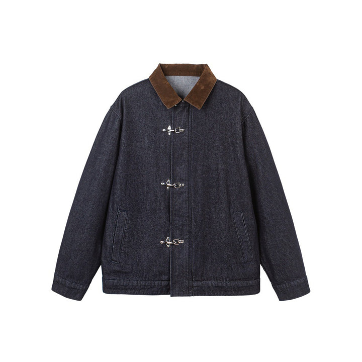 Men's sharply tailored denim workwear blouson with corduroy lapel and metallic hook fasteners Mune Fashion