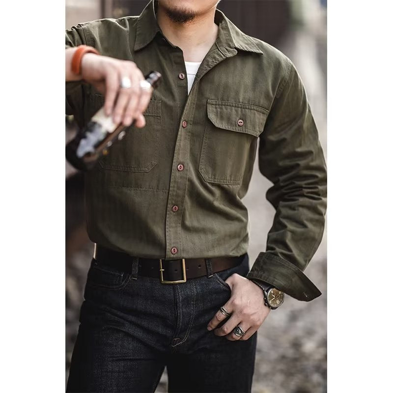 Men's Cotton Twill Worker Shirt with Patch Pockets and Boxy Fit Mune Fashion
