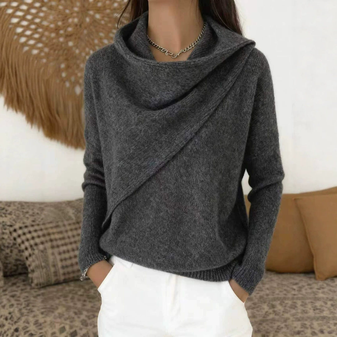 Women's Asymmetric Chunky Knit Sweater with Shawl Collar Mune Fashion