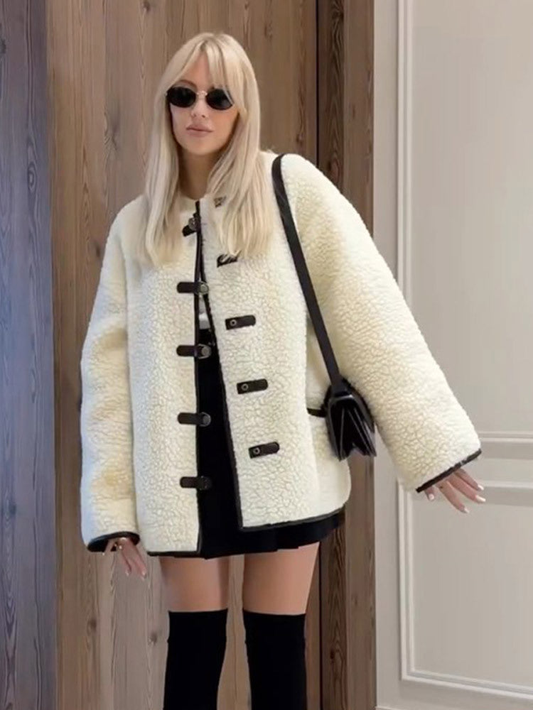 Women Boxy Teddy-Fleece Jacket with Toggle Fastenings and Contrast Edges Mune Fashion