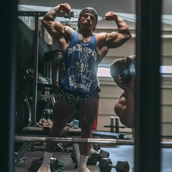 Men's form-fitting fitness tank top with bulldog graphic and extra deep armholes Mune Fashion