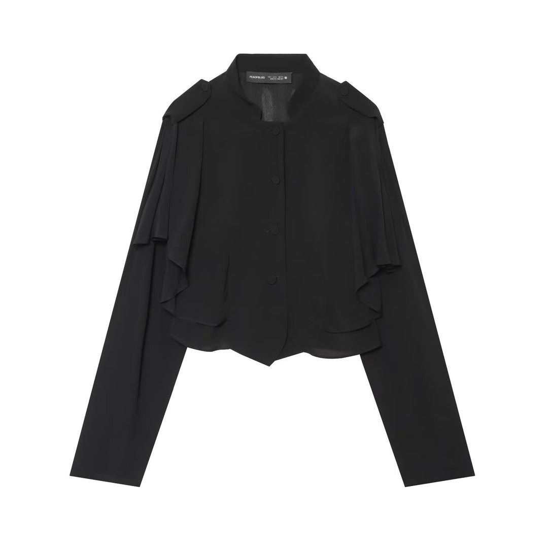 Women's short jacket with layered ruffles, stand-up collar and concealed button placket Mune Fashion