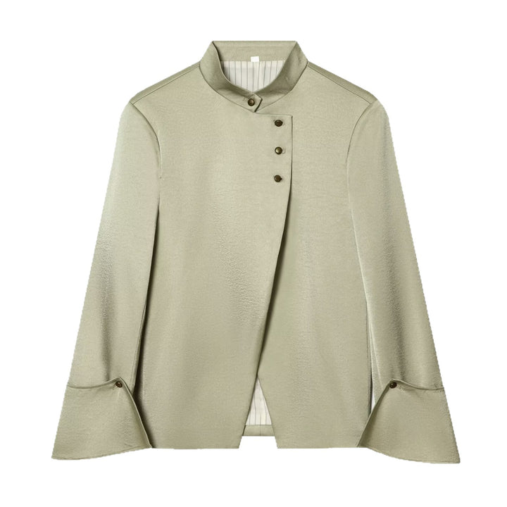Women Elegant Cape Short Coat with Stand Collar, Asymmetrical Overlap and Sleeve Flaps Mune Fashion