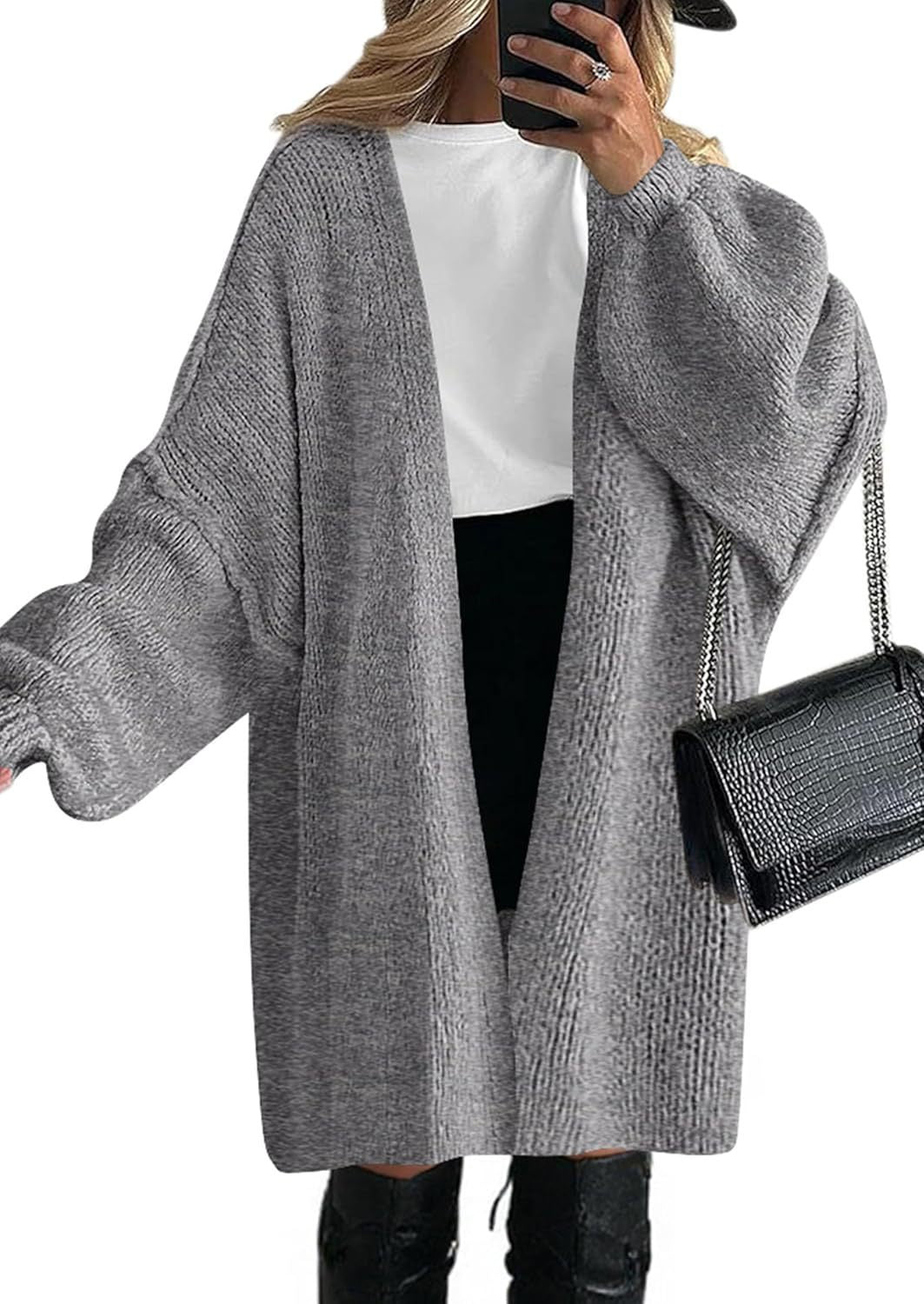 Women's Oversized Knit Cardigan with Wide Balloon Sleeves and Open Front Mune Fashion