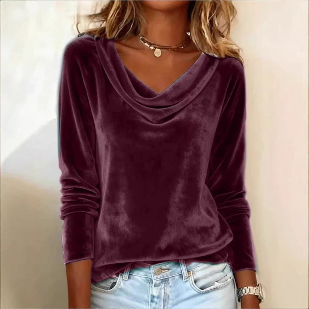Women Velvet Long Sleeve with Waterfall Collar and Casual Cut Mune Fashion