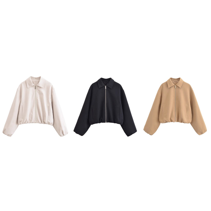Women's Cropped Bomber Jacket with Balloon Sleeves, Stand Collar and Elastic Hem Mune Fashion
