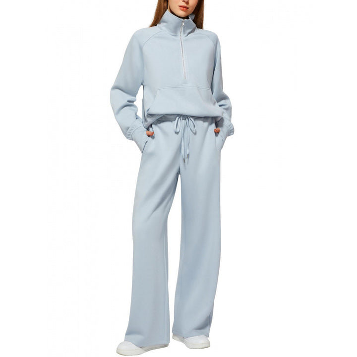 Women's Two-Piece Lounge Set with Half Zip, Stand Collar and Wide Palazzo Pants Mune Fashion