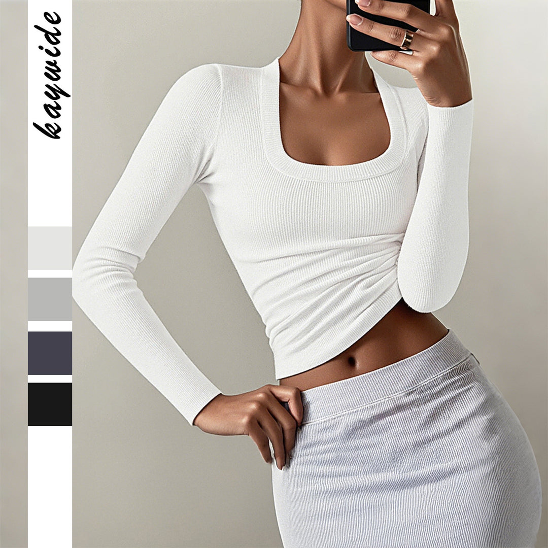 Women’s body-hugging ribbed long sleeve with deep square neckline Mune Fashion