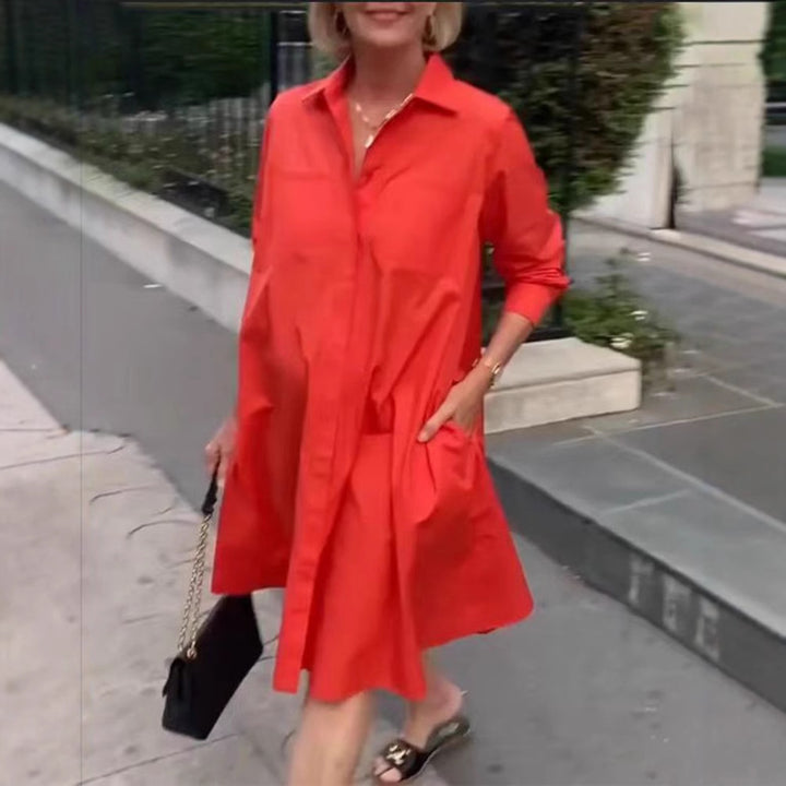 Women's Oversize Poplin Swing Hem Dress with Hidden Button Placket, Pockets, and Roll-Up Sleeves Mune Fashion