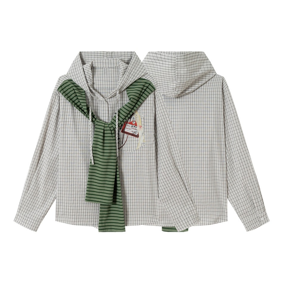 Women's Hooded Checkered Blouse with Attached Striped Scarf Mune Fashion