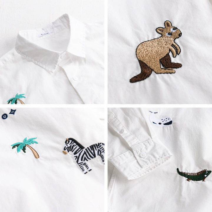 Women's Loose Cotton Shirt with Hand-Embroidered Safari Motifs Mune Fashion