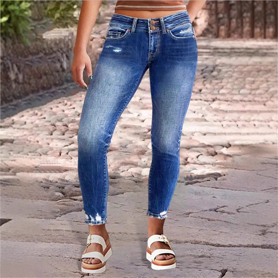 Women's high-waisted Slim-Cropped Jeans with raw hem, Used-Wash and elastic comfort waistband Mune Fashion