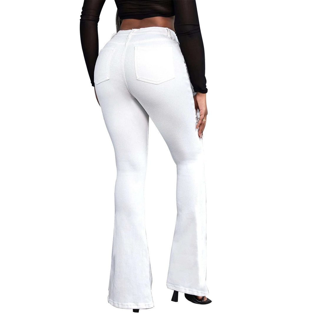 Women’s high-waisted flared trousers made of stretch denim with a center seam and figure-hugging cut Mune Fashion