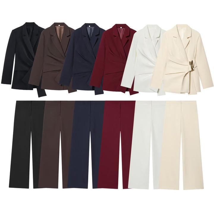 Women's Two-Piece Wrap Blazer and Palazzo Suit Set with Decorative Belt Mune Fashion