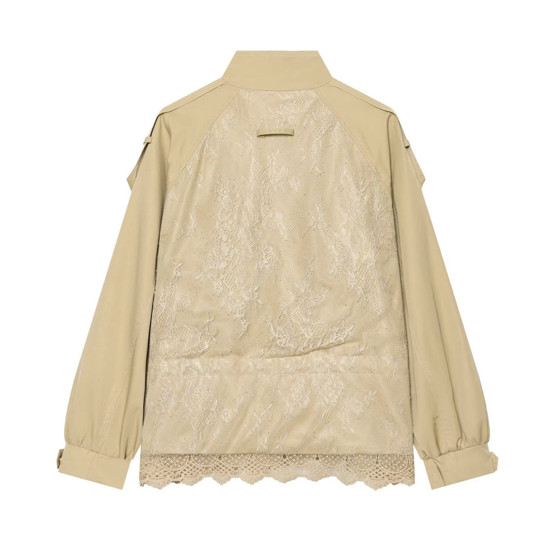 Women's lightweight field jacket with drawstring, stand-up collar, epaulettes, and lace trim Mune Fashion