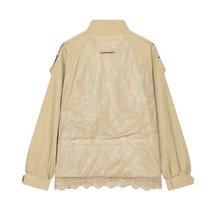 Women's lightweight field jacket with drawstring, stand-up collar, epaulettes, and lace trim Mune Fashion