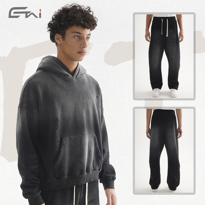 Men's Loose Distressed Sweatset with Cropped Hoodie and Baggy Jogging Pants Mune Fashion