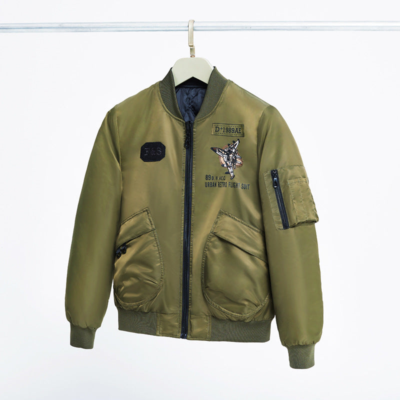 Men's  padded pilot-style bomber jacket with embroidered jet motif and dual angled front cargo pockets Mune Fashion