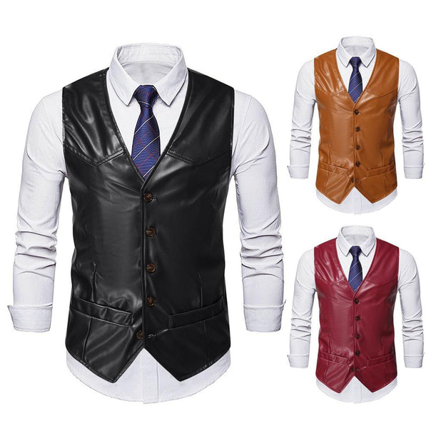 Men's faux leather vest with a fitted cut, V-neckline and implied flap pockets Mune Fashion