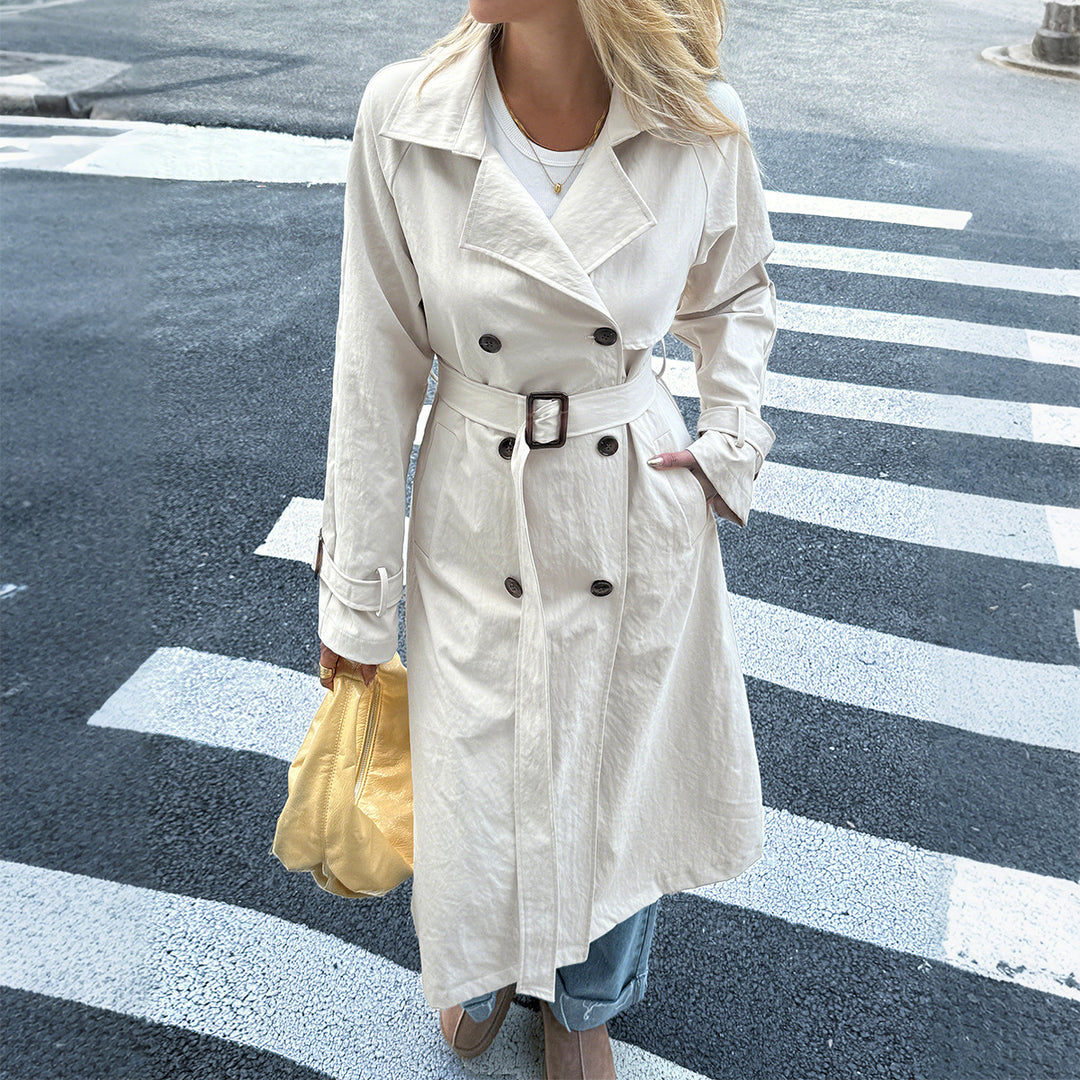 Women's classic trench coat with double row, waist belt, adjustable cuffs, and straight button placket Mune Fashion