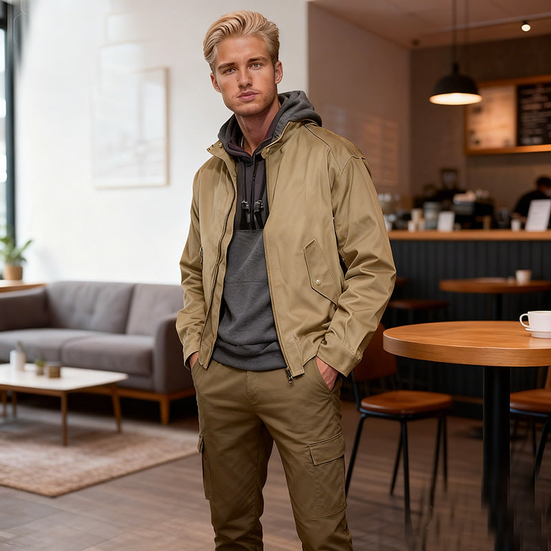 Men's Lightweight Nylon Bomber Jacket with Zipper, Flap Pockets, and Elastic Cuffs Mune Fashion