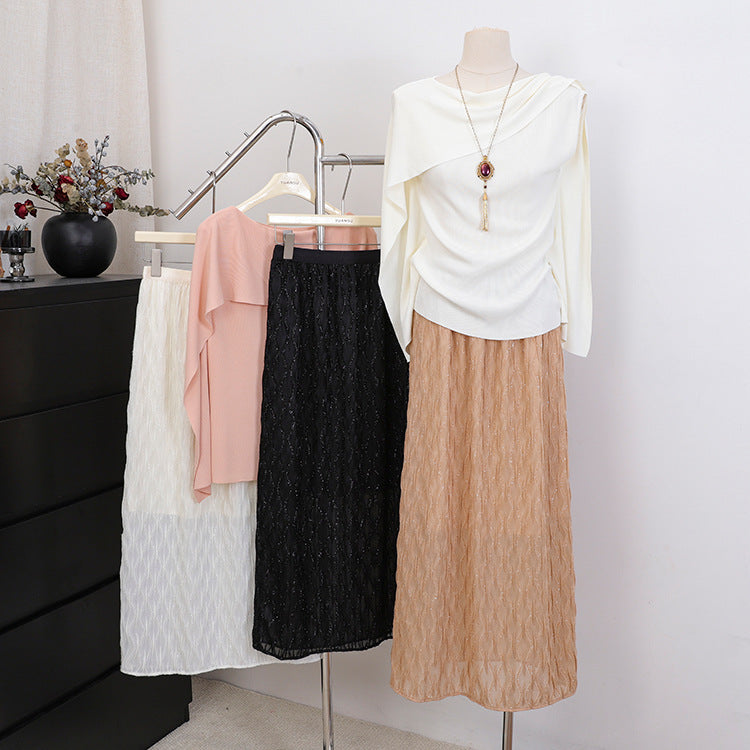 Women's embroidered midi maxi skirt with fine glitter mesh and elastic comfort waistband.
