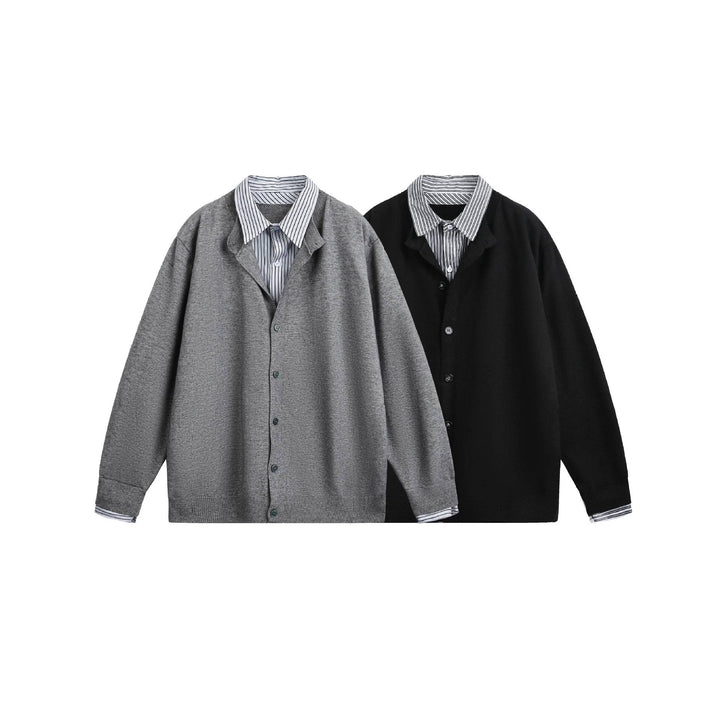 Unisex Layered Look Knit Cardigan with Integrated Shirt Collar and Button Placket Mune Fashion