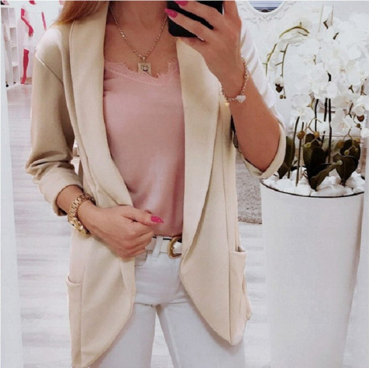 Women Lightweight Open Cardigan-Blazer, three-quarter sleeves with side pockets Mune Fashion