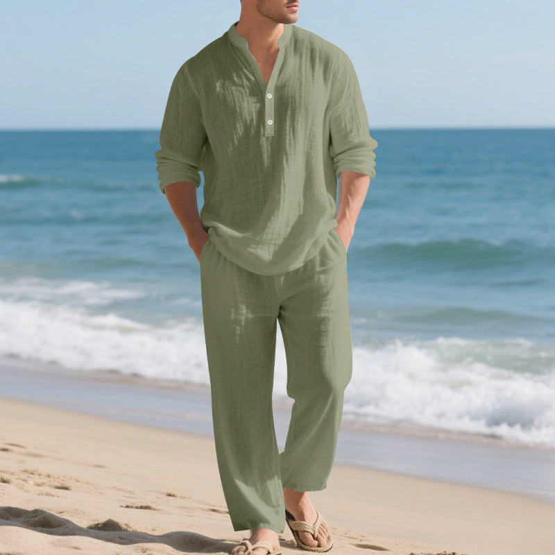 Men's nan casual Henley set in lightweight linen look with stand-up collar and elastic drawstring pants Mune Fashion