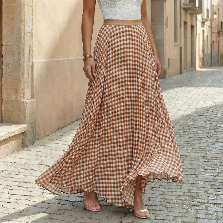 Ladies pleated maxi skirt with Vichy check, high waistband and ruffle trim Mune Fashion