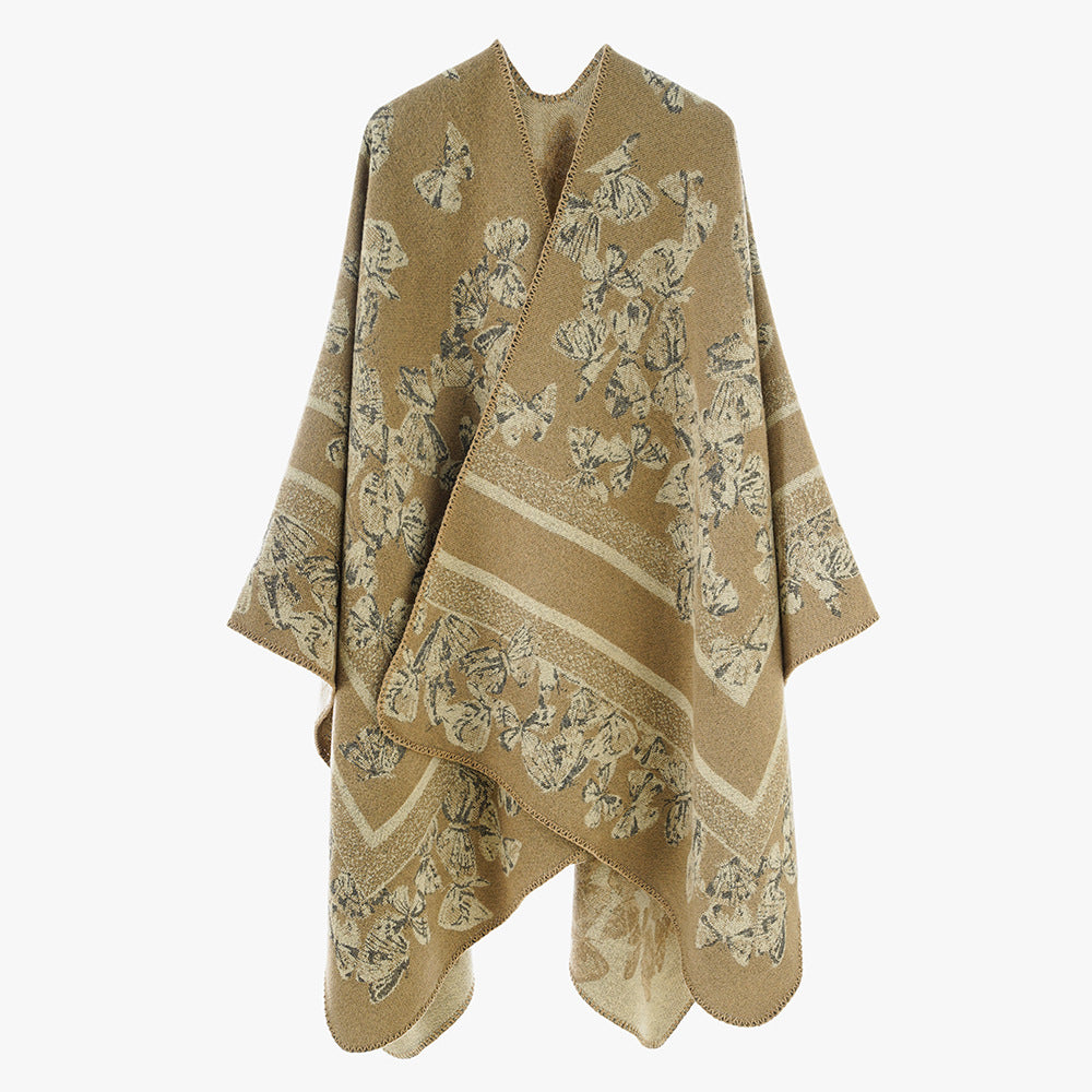 Women's Butterfly Jacquard Ruana made of Wool Blend with Curved Hem Mune Fashion