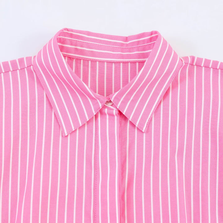 Women's Striped Peplum Blouse with Balloon Sleeves and Shirt Collar Mune Fashion