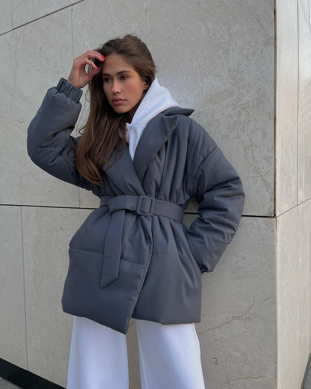 Women Padded Tailored Quilted Jacket with Belt and Hood Mune Fashion