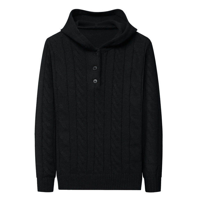 Men's fine knit hoodie with cable pattern, half placket and drawstring Mune Fashion
