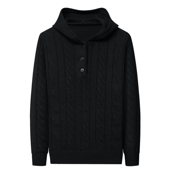 Men's fine knit hoodie with cable pattern, half placket and drawstring Mune Fashion
