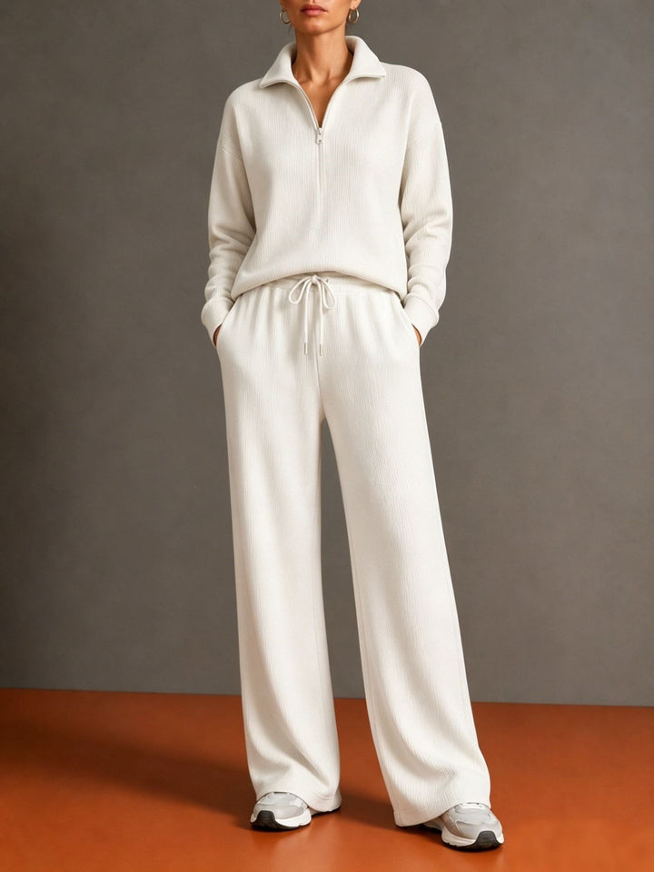 Women's cozy knit relax suit with half zipper, drawstring waistband, and wide leg Mune Fashion