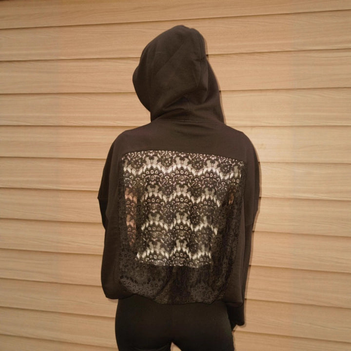 Ladies' oversized hooded sweater with floral lace insert on the back Mune Fashion