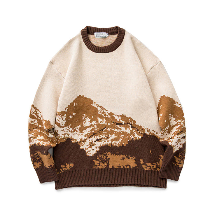 Unisex Oversized knit sweater with mountain jacquard and ribbed round neckline Mune Fashion