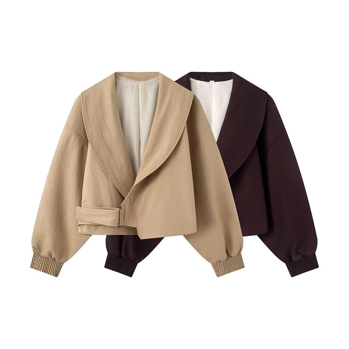 Women's short jacket with wide shawl collar, tailored tie belt and balloon sleeves Mune Fashion