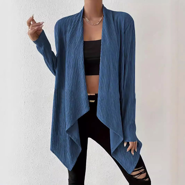 Women's Open Crinkle Cardigan with Waterfall Hem and Longline Silhouette Mune Fashion